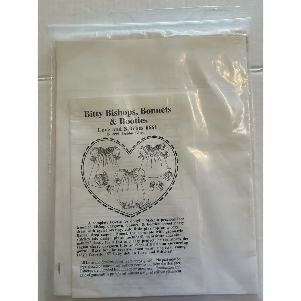 Vtg Love & Stitches Bitty Bishops Bonnets Booties Pattern for 15” Baby Doll #660